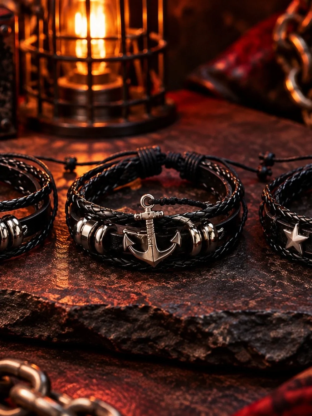 9 Pc Mens Black Braided Bracelet Lot Skull Biker Goth Punk Metal Accent